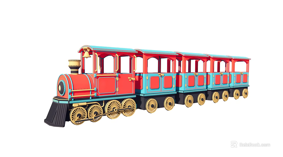 Amusement Park Train With Red And Blue Carriages And Golden Wheels Design 3d model 