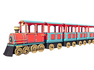Amusement Park Train With Red And Blue Carriages And Golden Wheels Design 3d model
