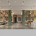 Modern Hotel Lobby Interior With Green Columns Sofas Bookshelves And Large Windows 3d model