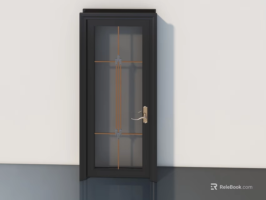 Black Swing Door With Glass Panel Brown Lines And Gold Handle Design 3d model 