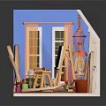 Art Studio Interior With Easel Paint Brushes Plants Birdcage And Window Curtains