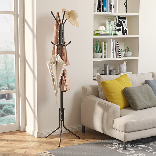 Modern Metal Coat Rack in Living Room Corner with Hanging Umbrella and Bag 3d model 