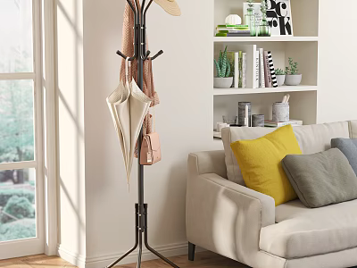 Modern Metal Coat Rack in Living Room Corner with Hanging Umbrella and Bag 3d model