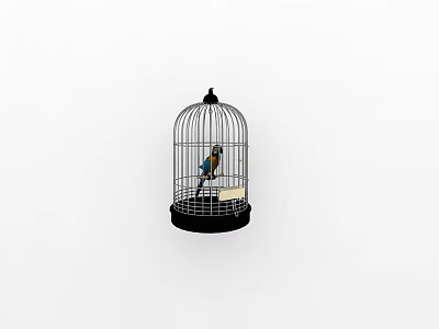 Colorful Flying Bird Perching Inside Black Metal Birdcage With Wooden Perch And Food Tray 3d model
