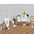 Art Supplies and Musical Instruments in Creative Studio With Easels Canvases and Stools