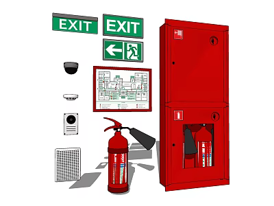 Essential Fire Safety Equipment With EXIT Signs Fire Extinguisher And Red Fire Cabinet 3d model