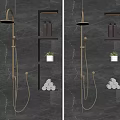 Luxury Rain Shower on Gray Marble Wall with Lit Niches Bath Products and Toilet Rolls