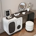 Modern Black And White Dressing Table With Round Mirror Plush Stool And Decorative Items 3d model