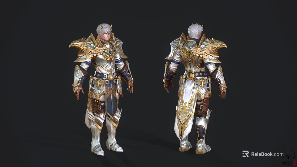 Elven Warrior Character Armor Design With Front Back Views And Gold White Ornate Details 3d model 