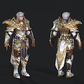 Elven Warrior Character Armor Design With Front Back Views And Gold White Ornate Details