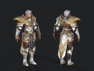Elven Warrior Character Armor Design With Front Back Views And Gold White Ornate Details 3d model