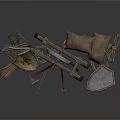 Ancient Weapons Collection Including Shield Bow Arrow Axe Hammer And Grindstone 3d model