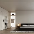 Modern Bedroom Interior with Dark Bed White Pillows Nightstand Floor Lamp Rattan Chair and Open Closet