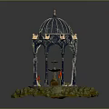 Ornate Black Metal Gazebo With Golden Decorations Central Fountain Surrounded By Rockery Stones And Plants