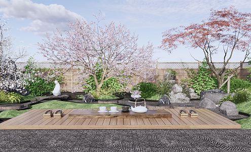 Japanese-style courtyard withered landscape courtyard landscape cherry tree landscape stone tea table and chair wooden fence rockery stone landscape tree shrub green plant Parthenocissus 3d model