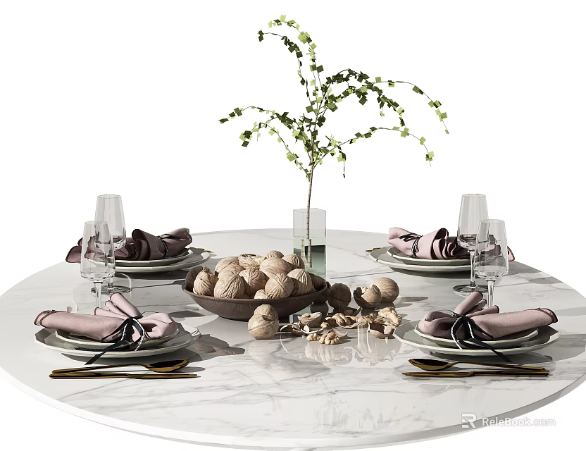 Elegant Dinnerware Set on Round Marble Table with Pink Napkins Wine Glasses and Green Plant 3d model 
