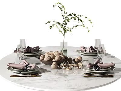 Elegant Dinnerware Set on Round Marble Table with Pink Napkins Wine Glasses and Green Plant 3d model