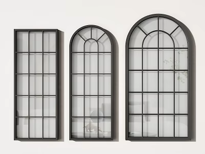 Different Shaped Windows With Black Frames And Grid Glass Panes In Interior 3d model