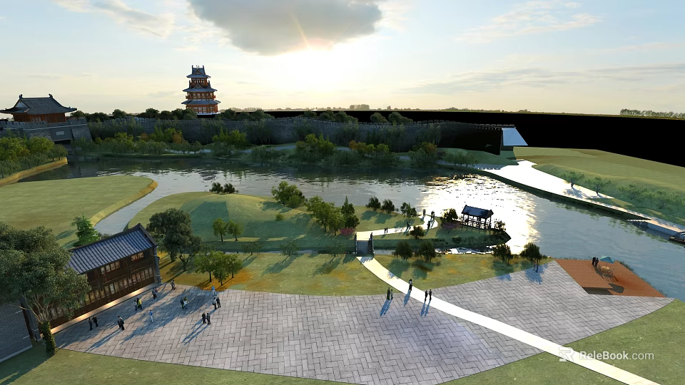 Park Landscape With Tower Sunset River Pavilion Grassland Trees Pathway And People 3d model 