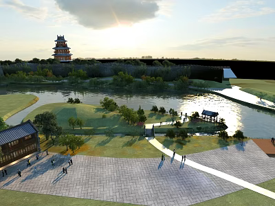 Park Landscape With Tower Sunset River Pavilion Grassland Trees Pathway And People 3d model