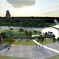 Park Landscape With Tower Sunset River Pavilion Grassland Trees Pathway And People