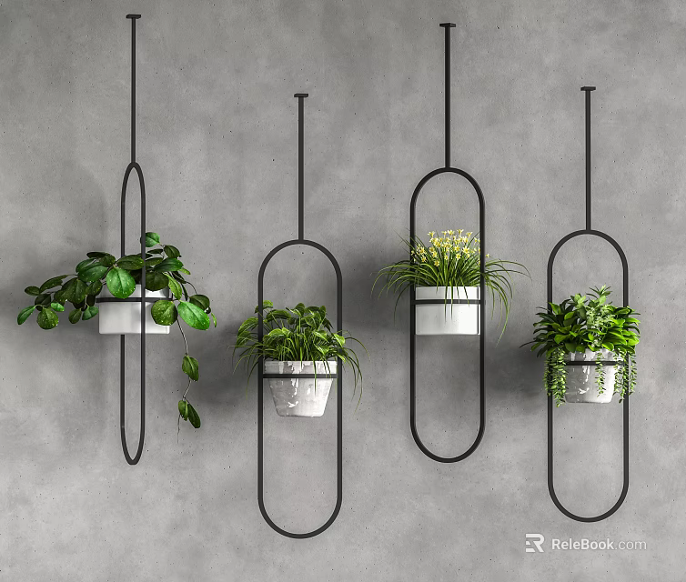 Hanging Potted Plants With Black Metal Oval Frames On Gray Wall Decor 3d model