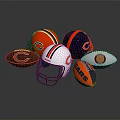 Assorted Football Helmets And Rugby Balls With Team Logos On Dark Background
