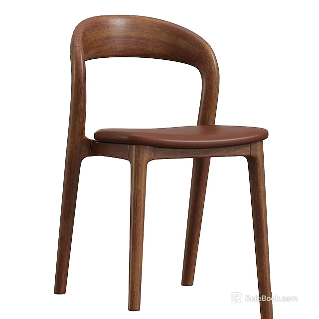 Modern Minimalist Single Chair With Curved Solid Wood Backrest And Leather Seat 3d model 