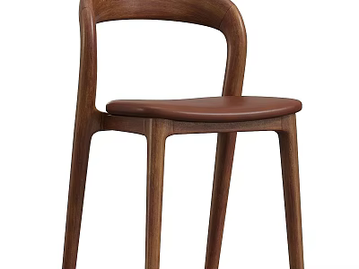 Modern Minimalist Single Chair With Curved Solid Wood Backrest And Leather Seat 3d model