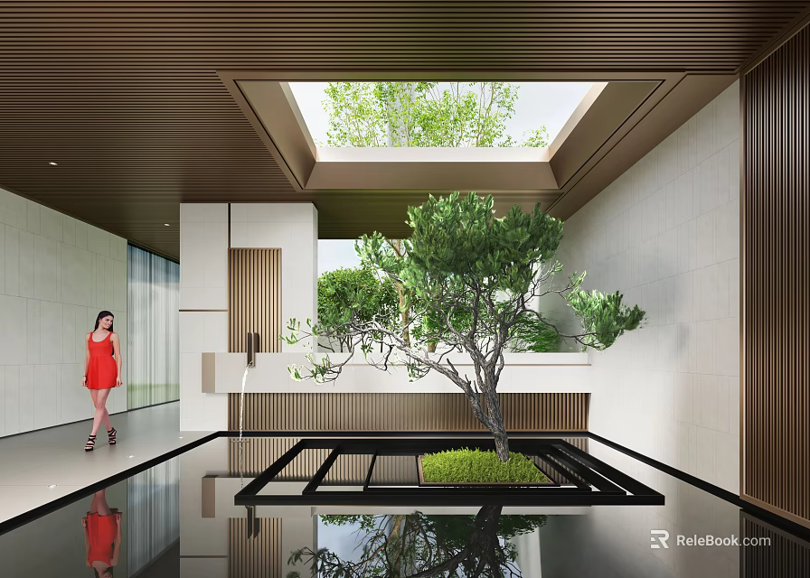 Modern Courtyard Garden Design Featuring Skylight Green Tree Grass Water Reflection And Architectural Elements 3d model
