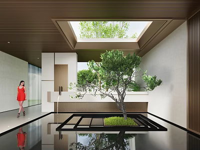 Modern Courtyard Garden Design Featuring Skylight Green Tree Grass Water Reflection And Architectural Elements 3d model