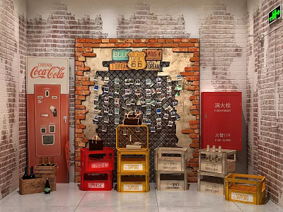 Retro Interior With Coca Cola Fridge And Colorful Crates 3d model