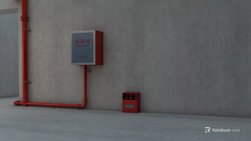 Red Fire Hydrant Installation On Concrete Wall At Construction Site With Red Pipe 3d model