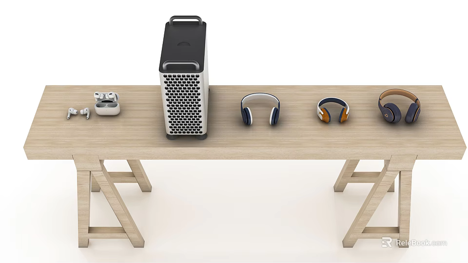 Different Wireless Headphones and Speaker Displayed on Wooden Table with Audio Accessories 3d model 