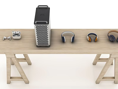 Different Wireless Headphones and Speaker Displayed on Wooden Table with Audio Accessories 3d model
