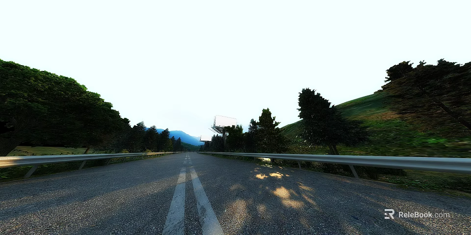 Swing Door Along Country Road With Trees Guardrails Billboard And Mountains 3d model 