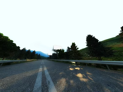 Swing Door Along Country Road With Trees Guardrails Billboard And Mountains 3d model