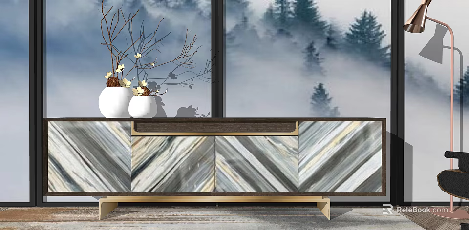 Elegant Chevron Striped TV Stand With Marble Panels And Vases By Window With Misty Pine Trees 3d model 