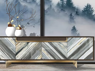 Elegant Chevron Striped TV Stand With Marble Panels And Vases By Window With Misty Pine Trees 3d model