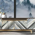 Elegant Chevron Striped TV Stand With Marble Panels And Vases By Window With Misty Pine Trees