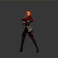 Red Haired Woman in Armor Holding Two Red Swords in Battle Stance