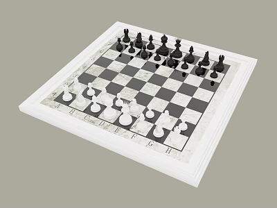 Elegant Chess Entertainment Featuring White Framed Checkered Chessboard And Arranged Black White Pieces 3d model