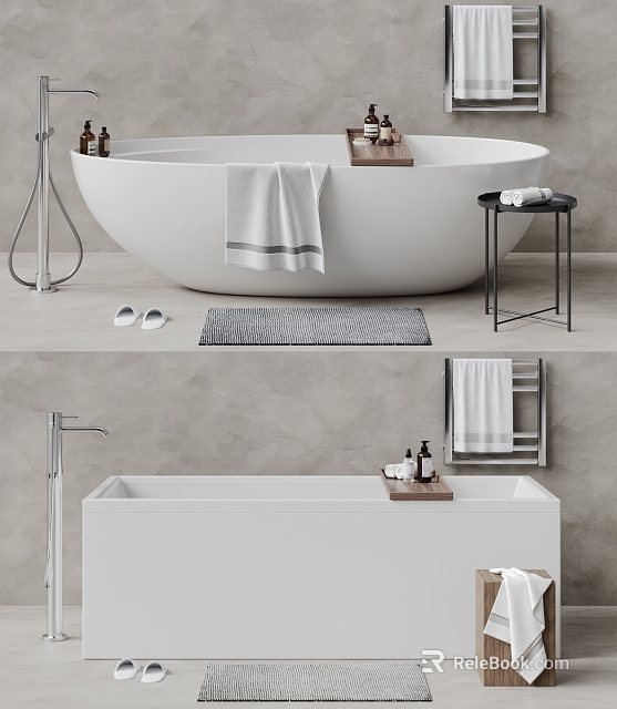 Modern Bathtub In Contemporary Bathroom With Towels Rugs And Toiletries 3d model 