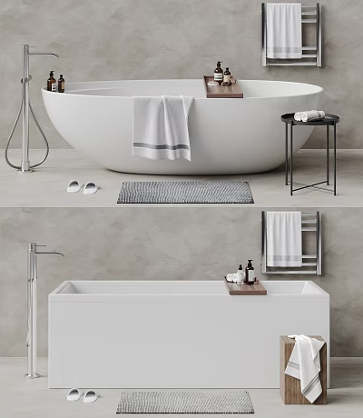 Modern Bathtub In Contemporary Bathroom With Towels Rugs And Toiletries 3d model