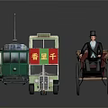 Vintage Double Decker Bus And Rickshaw Display With Man In Top Hat Seated On Rickshaw