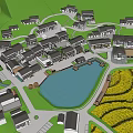 Traditional Scenic Wall In Rural Village With Paddy Field And Pond Landscape