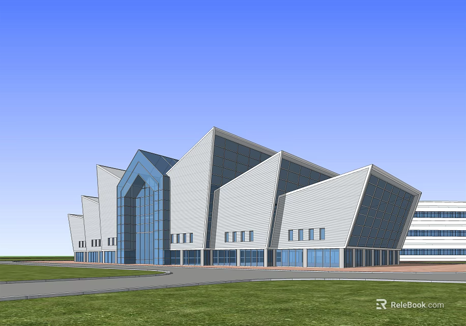 Modern Architectural Building With Geometric Roof Design Glass Curtain Walls And Green Lawn 3d model 