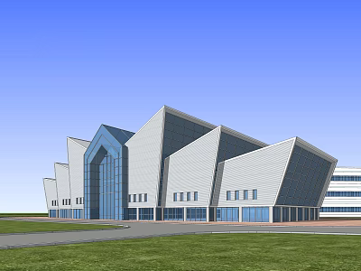 Modern Architectural Building With Geometric Roof Design Glass Curtain Walls And Green Lawn 3d model