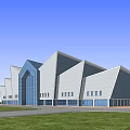 Modern Architectural Building With Geometric Roof Design Glass Curtain Walls And Green Lawn