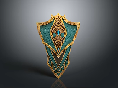 Ornate Teal and Gold Shield with Intricate Patterns and Central Gemstone 3d model